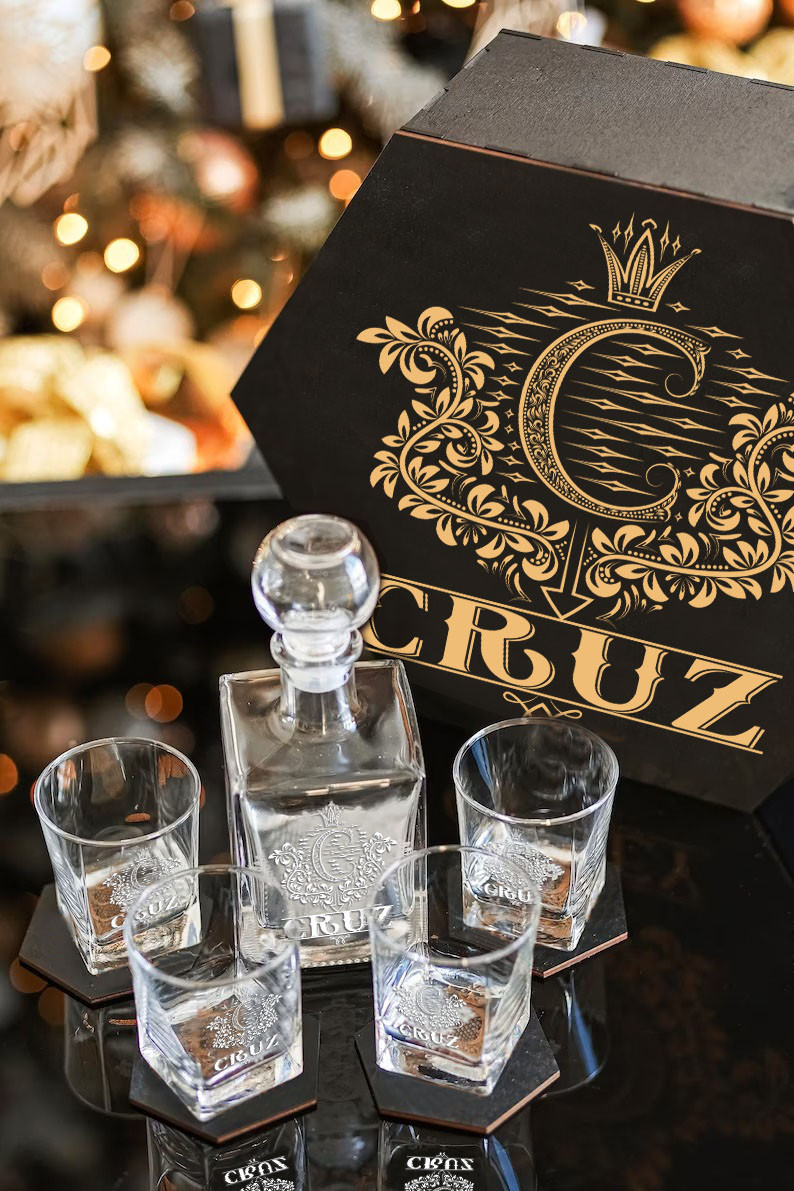 CRUZ - WHISKEY SET (Wooden box + Decanter + 4 Glasses + 4 Coasters) - Image 5