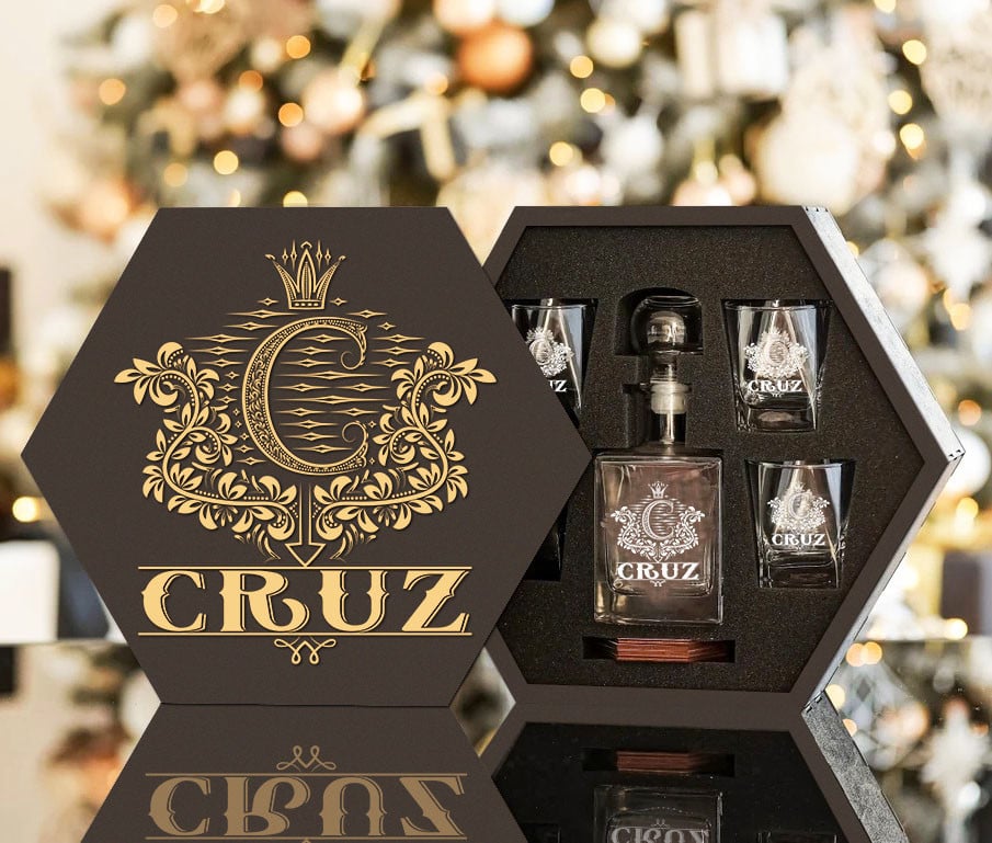 CRUZ - WHISKEY SET (Wooden box + Decanter + 4 Glasses + 4 Coasters) - Image 2