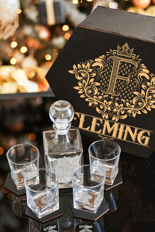 FLEMING - WHISKEY SET (Wooden box + Decanter + 4 Glasses + 4 Coasters) - Image 5