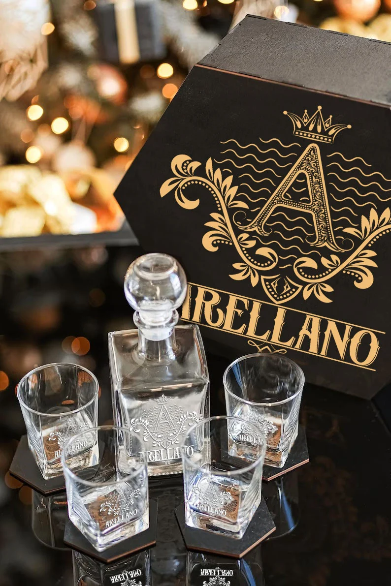 ARELLANO - WHISKEY SET (Wooden box + Decanter + 4 Glasses + 4 Coasters) - Image 5